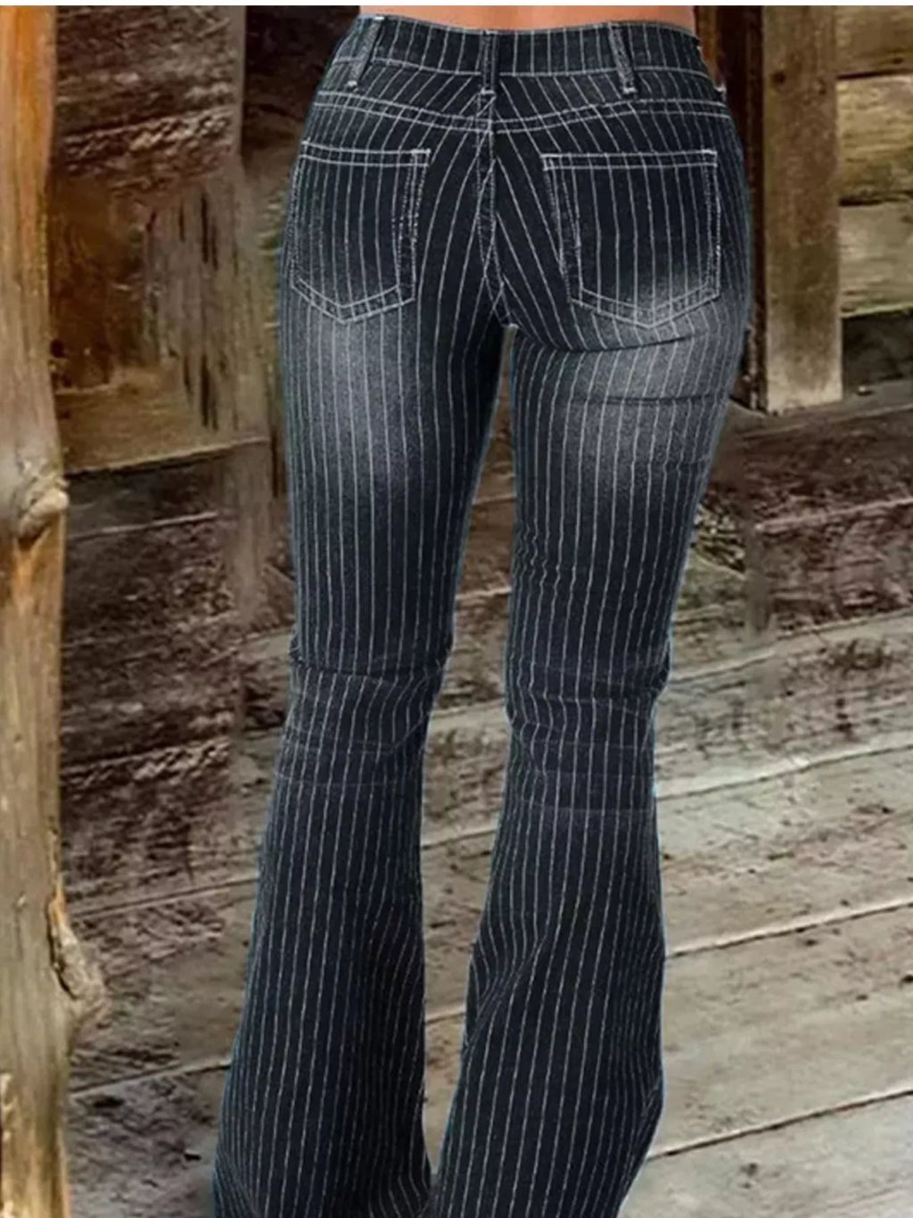 Striped Button Fly Flare Jeans