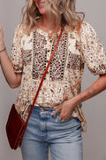 Boho Floral Print Half Placket Short Sleeve Loose Blouse