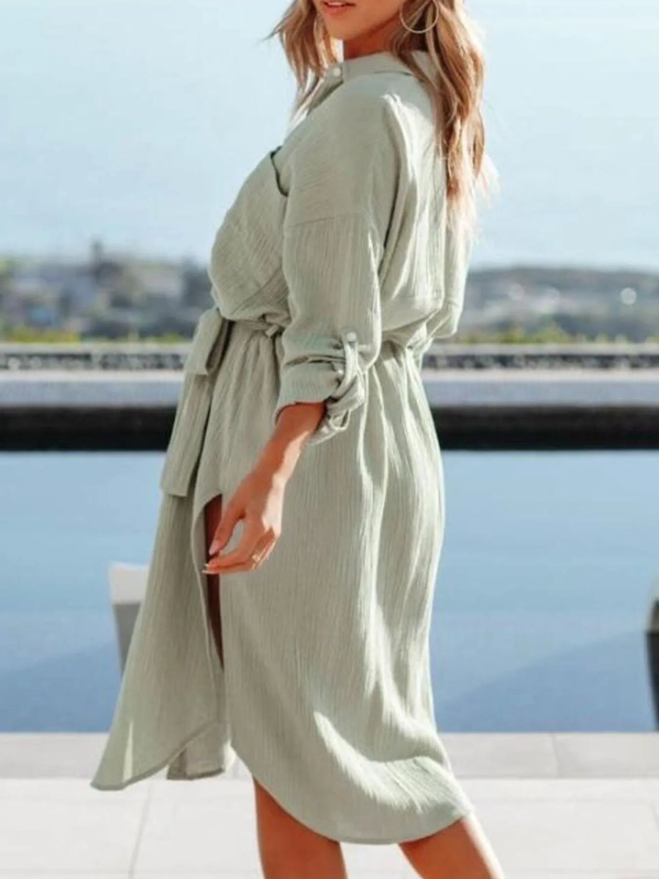 Button Down Tie Waist Shirt Dress
