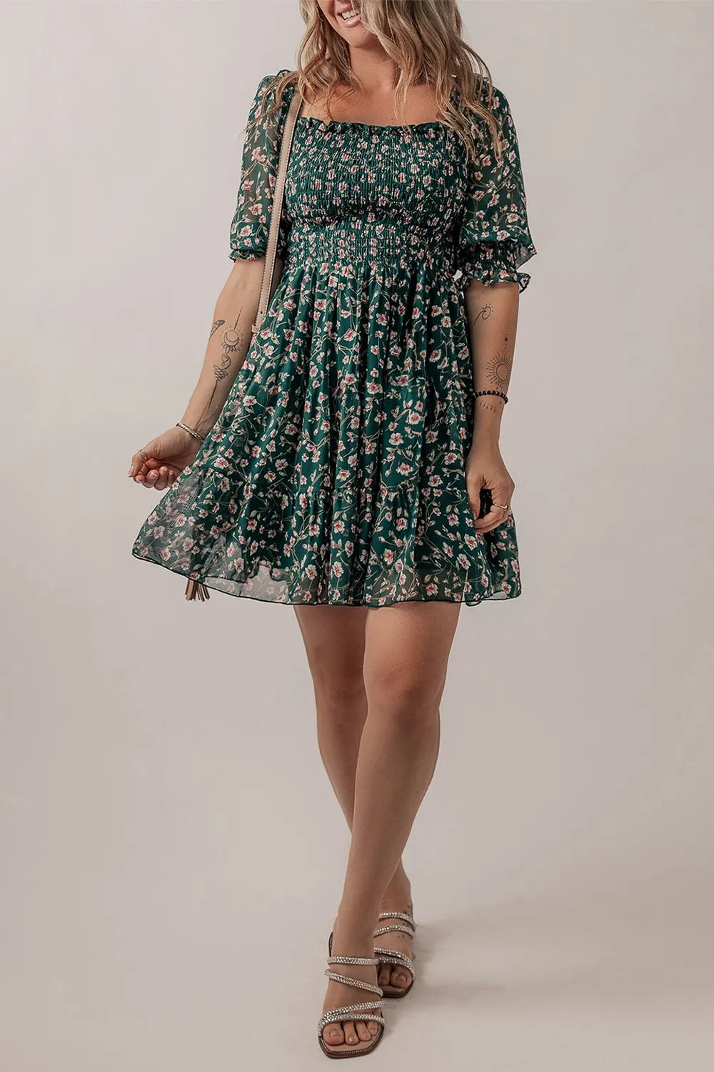 Smocked Square Neck Puff Short Sleeve Floral Dress