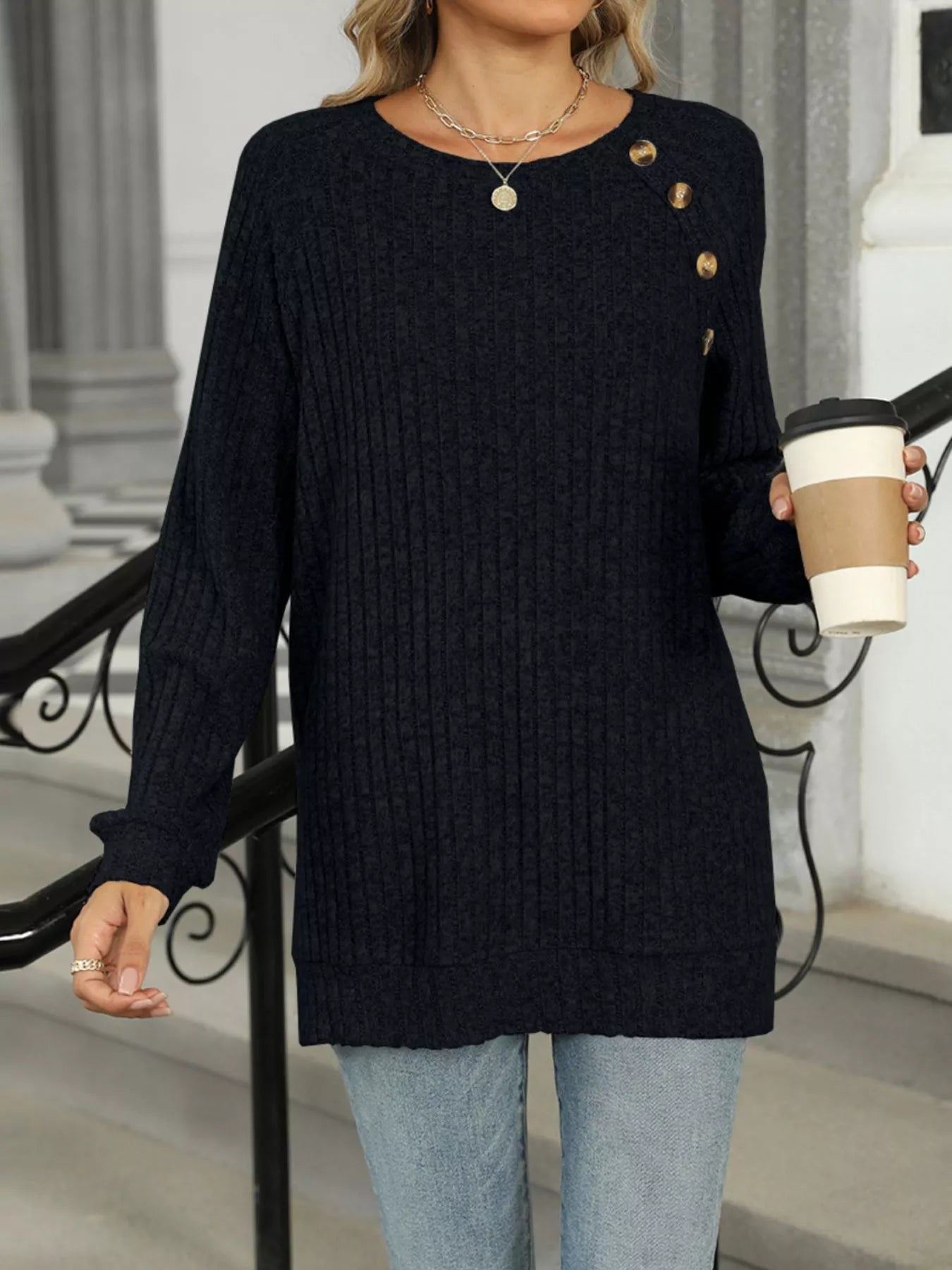 Round Neck Side Slit Ribbed Knit Top with Asymmetric Button Detail