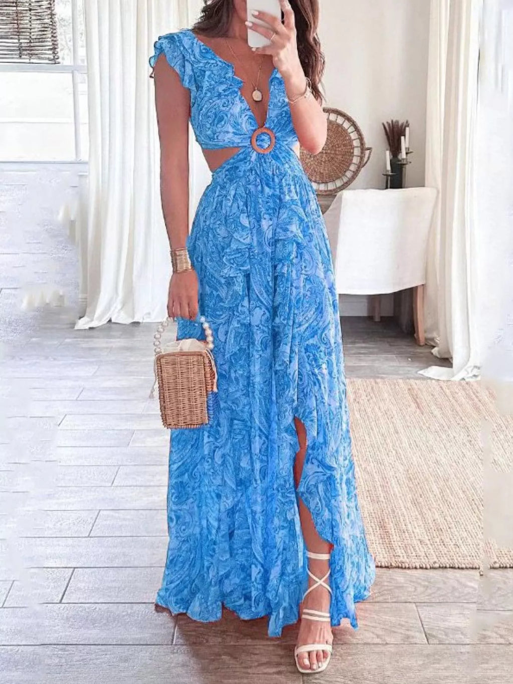 Full Size Ruffled Cutout V-Neck Maxi Dress Plus Size