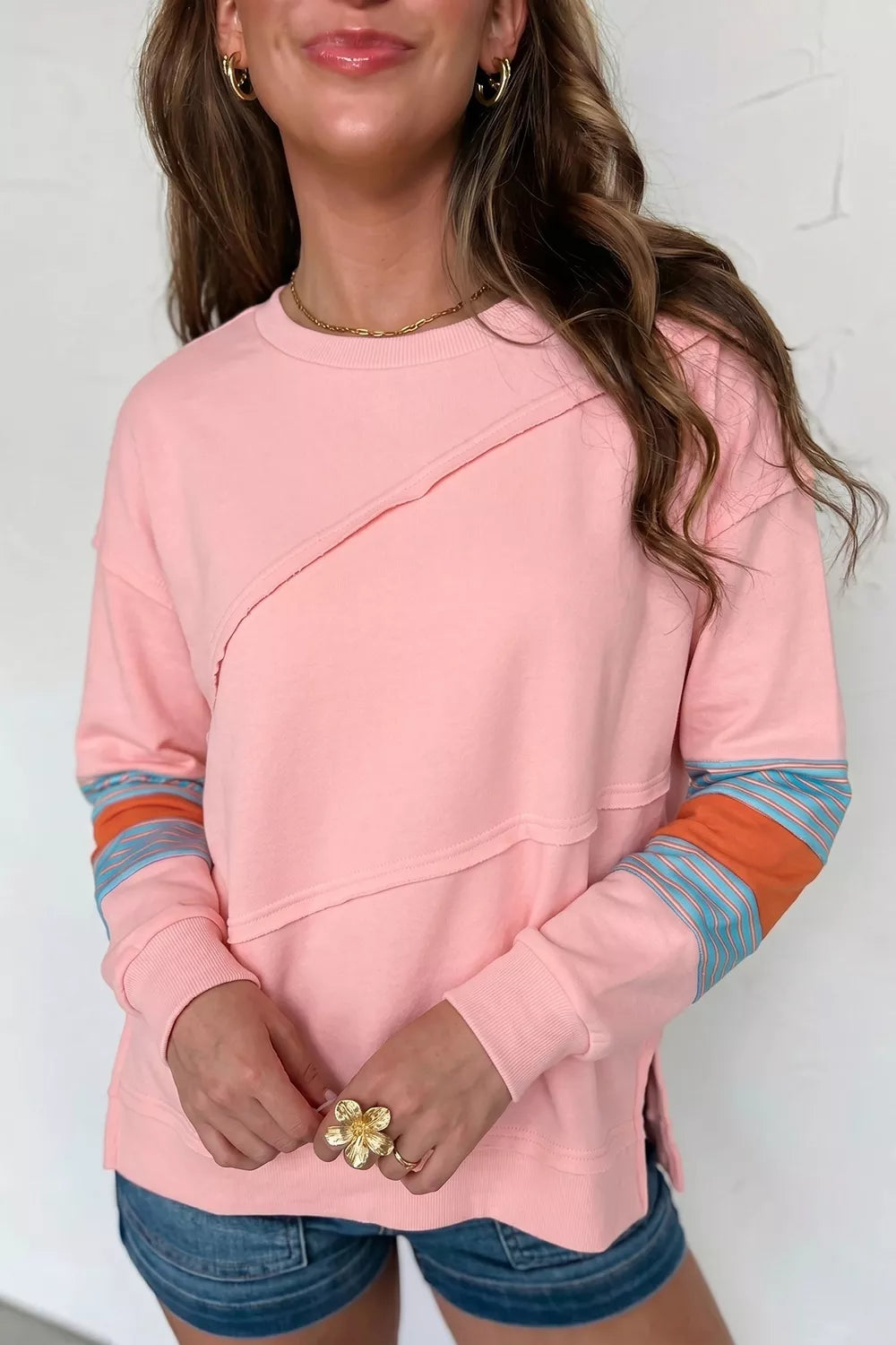 Colorblock Striped Patchwork Long Sleeve Round Neck Blouse