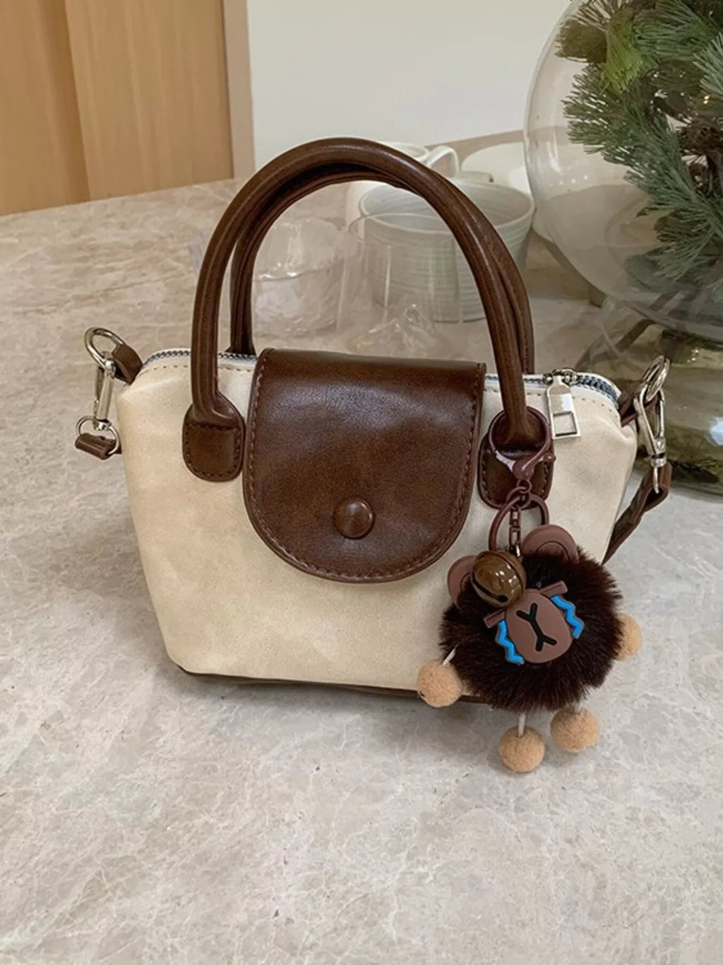 Two-Tone Flap Decor Crossbody Bag with Charm