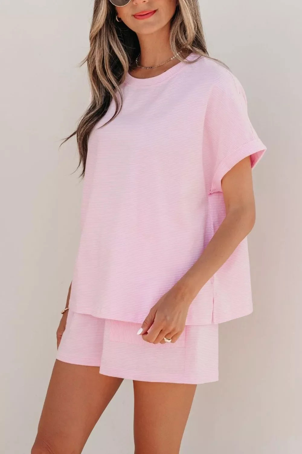 Stripe Matching Oversized Tee and Drawstring Shorts Set