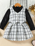 Children's Long Sleeve Top & Plaid Vest & Pleated Skirt Set