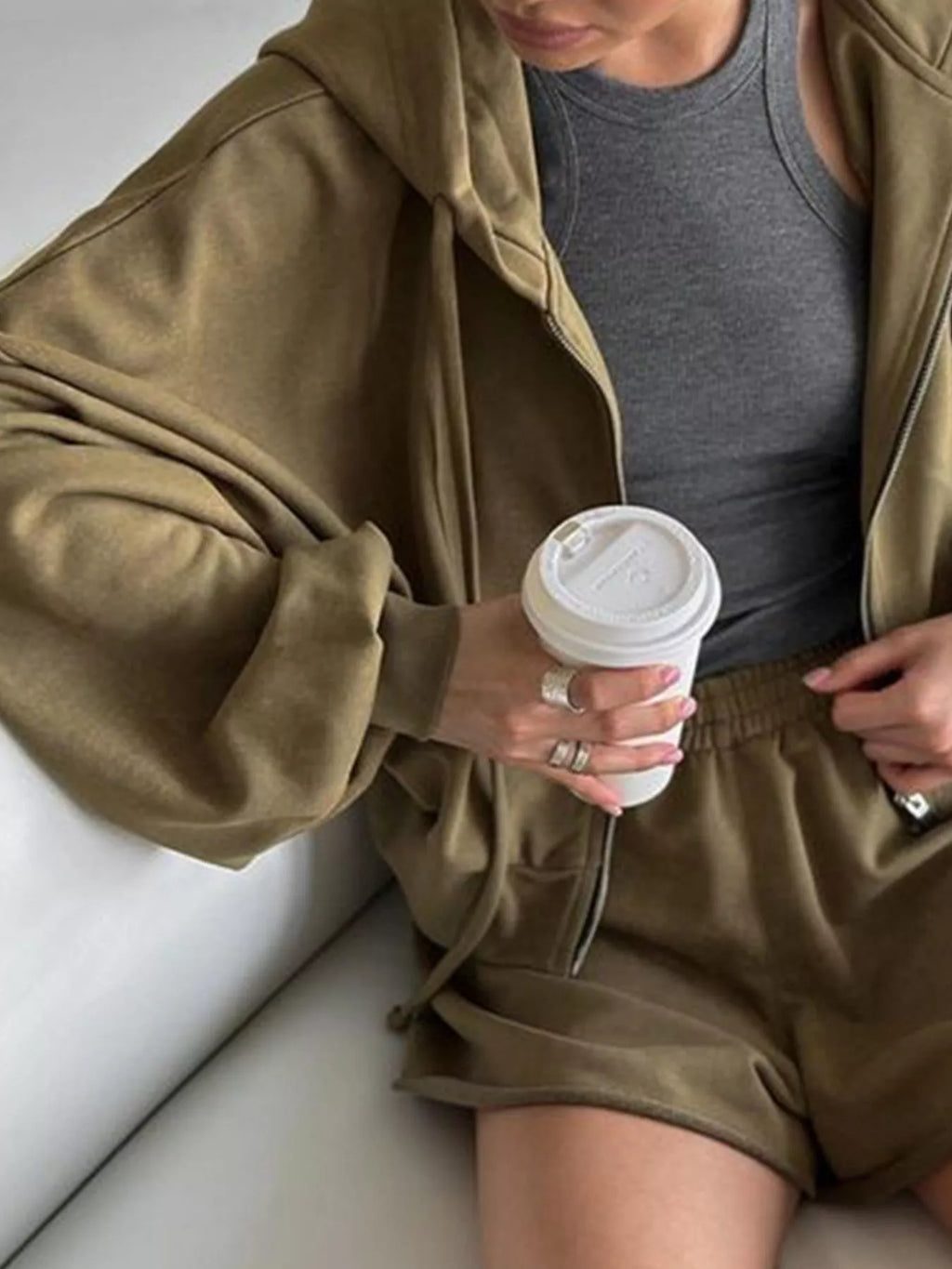 Zip Up Long Sleeve Outerwear and Shorts Set