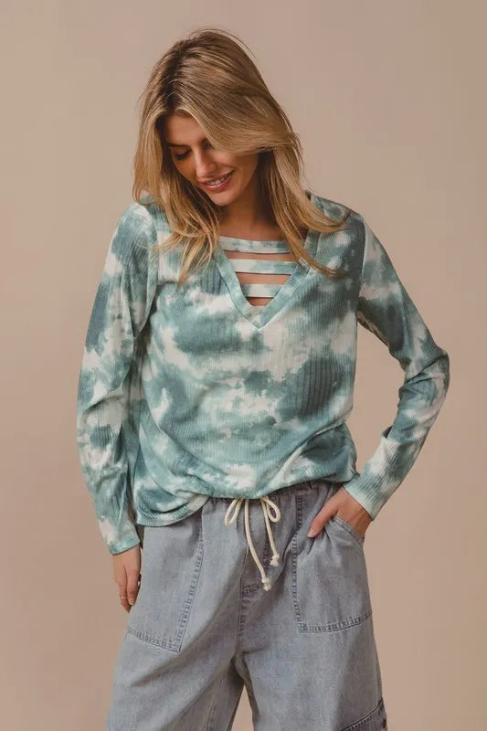 BiBi Variegated Tie Dye Rib V-Neck Top with Strapped