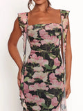 Floral Print Ruffle Trim Bodycon Maxi Dress