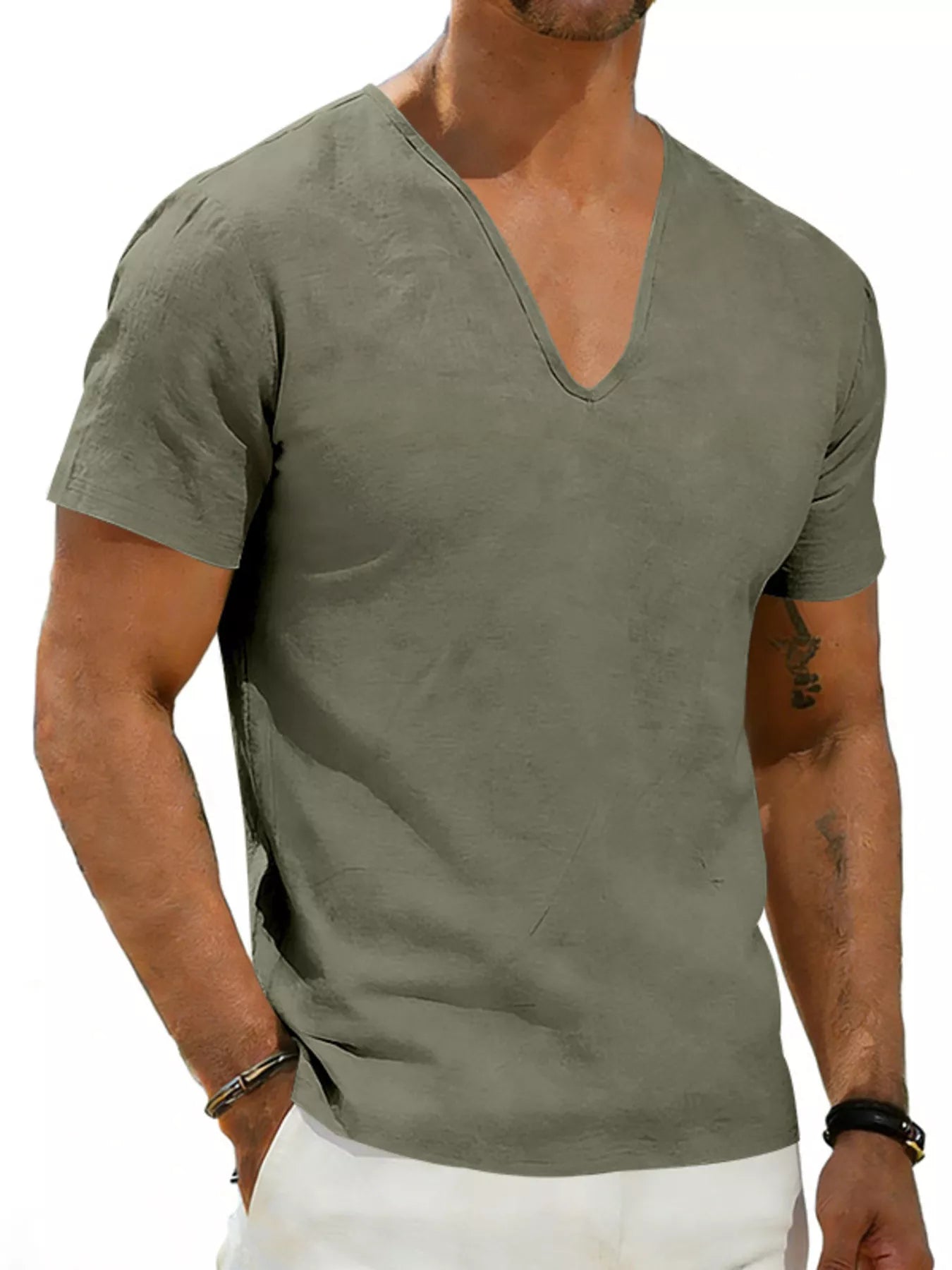 Men's Full Size Casual V-Neck Linen T-Shirt Plus Size