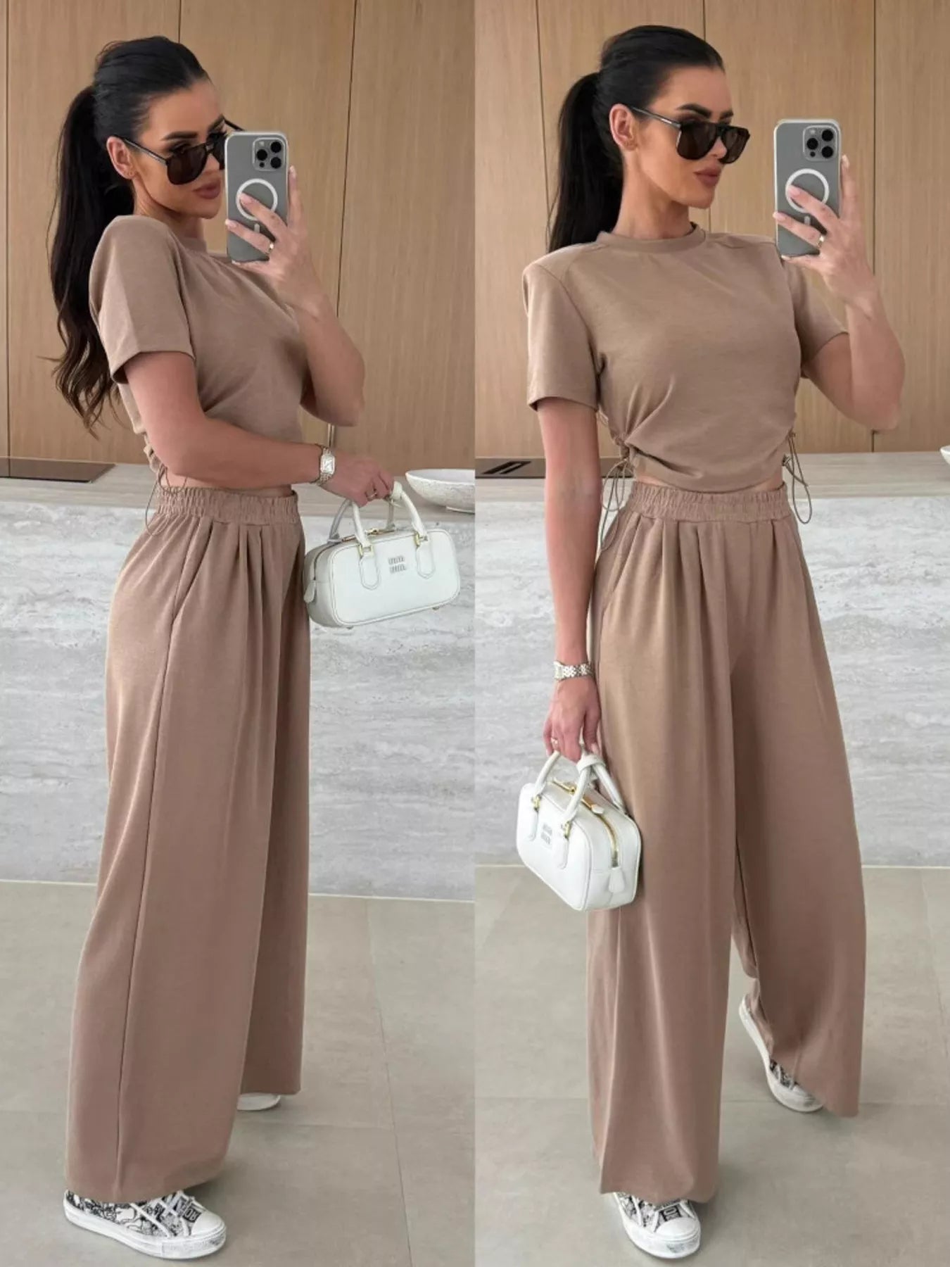 Drawstring Crop Top and Wide-Leg Pants Set