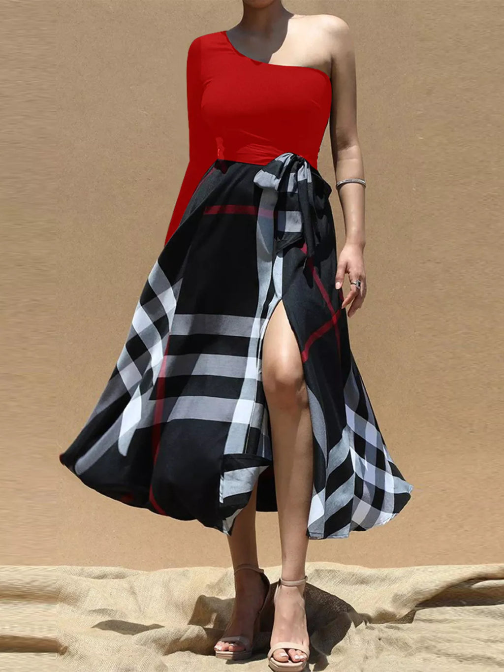 Asymmetrical One-Sleeve Plaid Midi Dress with Waist Tie