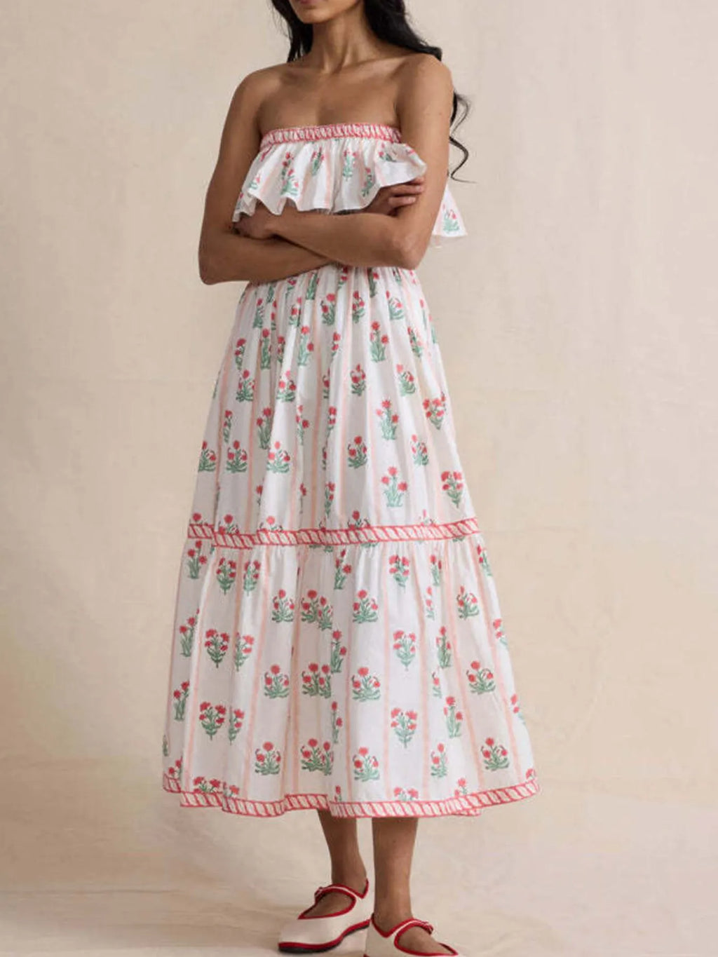 Floral Strapless Ruffle Dress