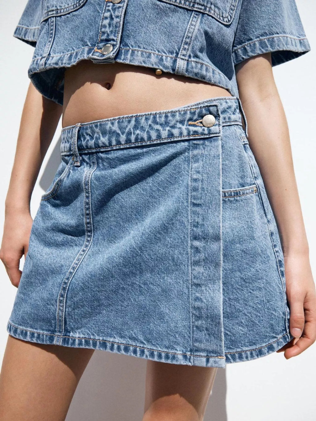 Button Up Short Sleeve Top and Skort Denim Set