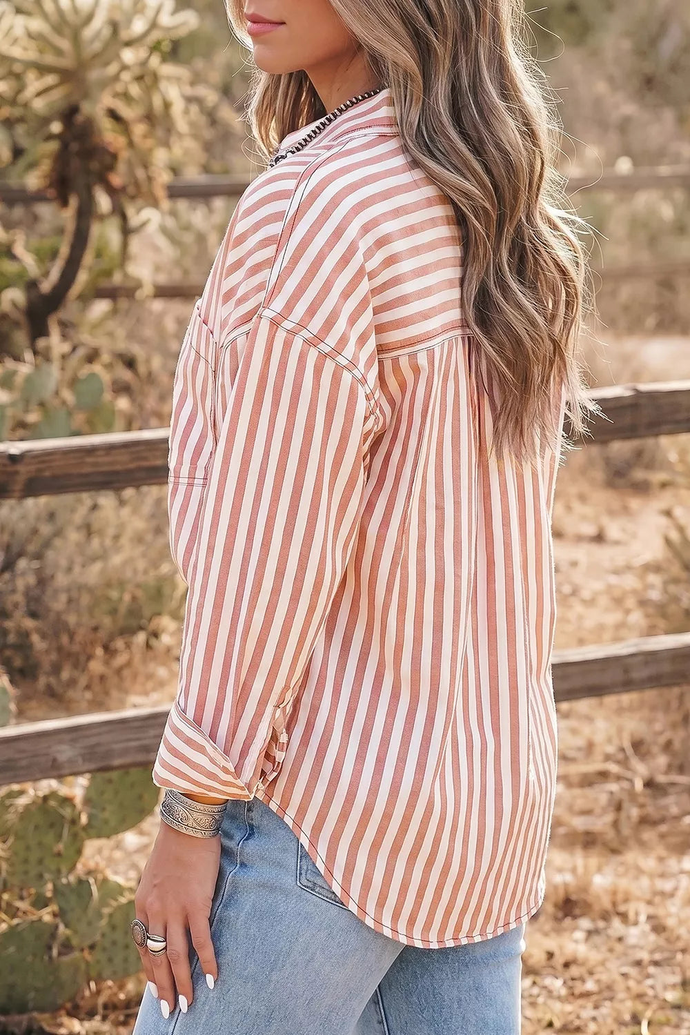 Stripe Western Button Down Long Sleeve Casual Shirt