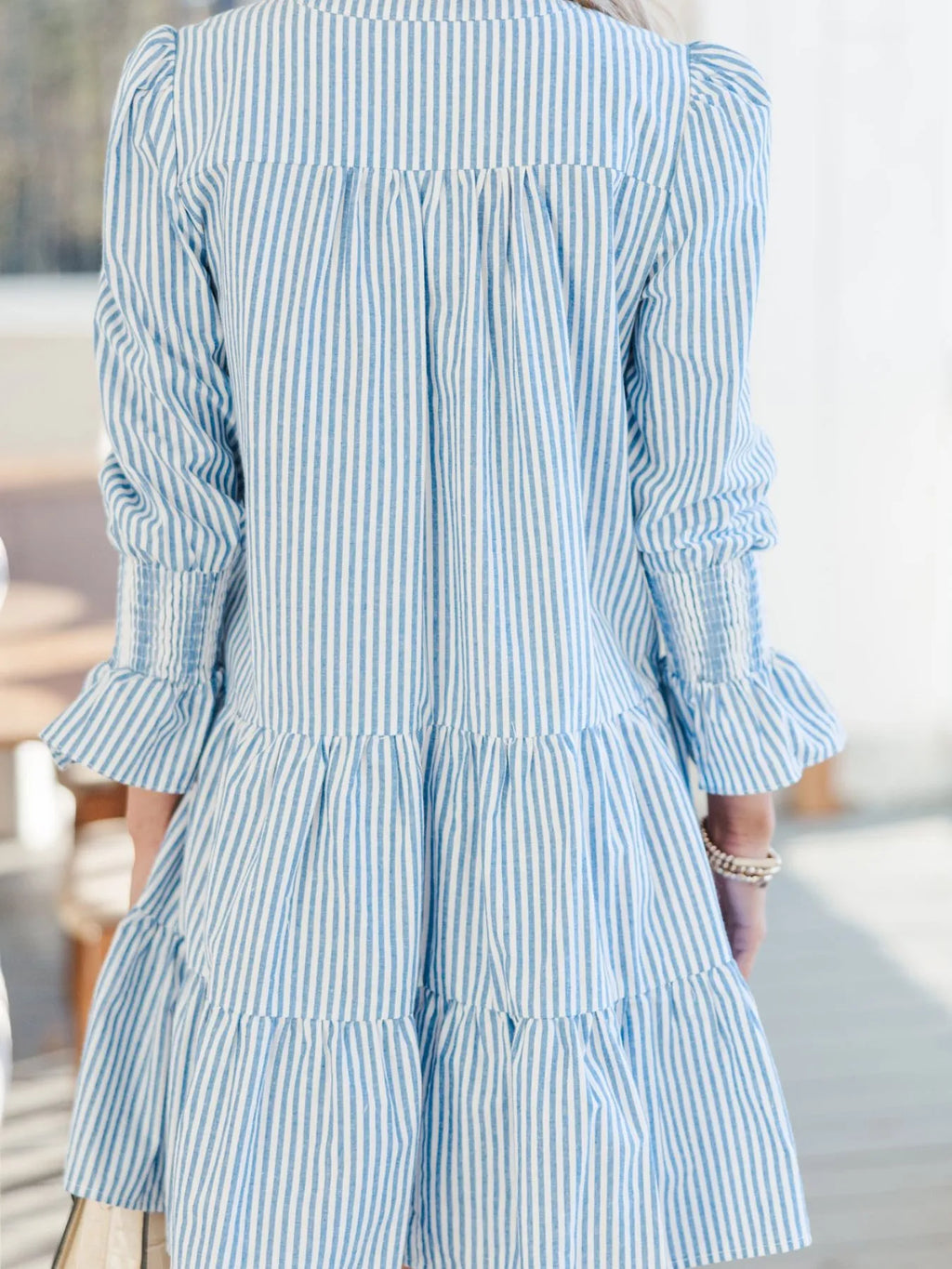 Striped Tiered Flounce Sleeve Shirt Dress