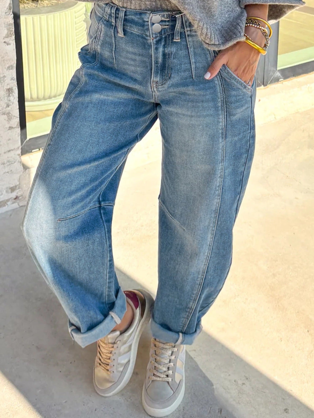 Washed Cuffed Barrel Jeans