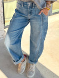 Washed Cuffed Barrel Jeans