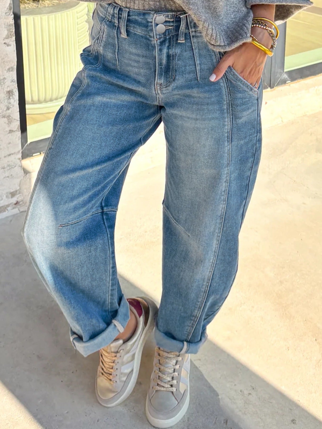 Washed Cuffed Barrel Jeans