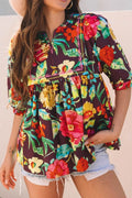 Flower Embroidered Trim Half Sleeve Blouse
