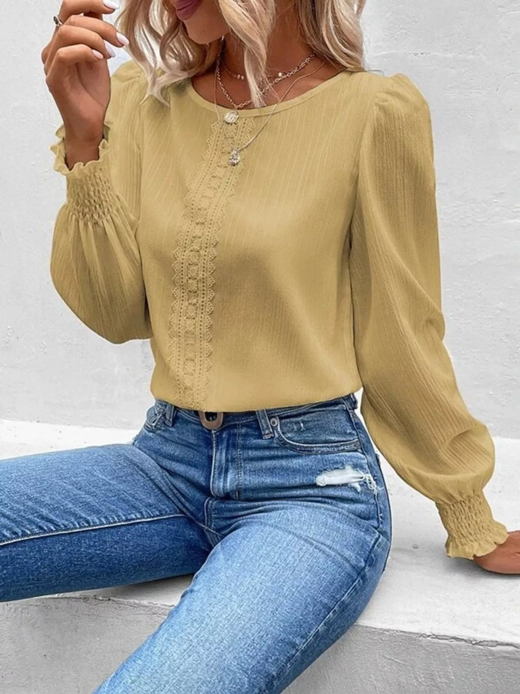Lace Trim Long Sleeve Blouse
