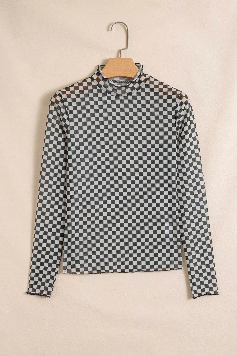 Plaid Stand Neck Long Sleeve Mesh Top