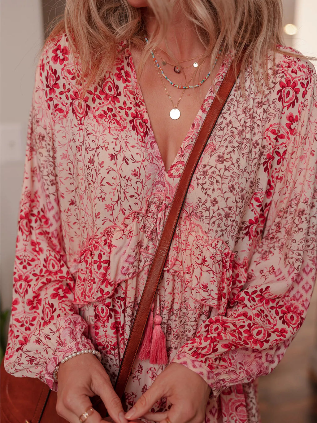 loral Print Tassel Tie Long Sleeve Flowy Mini Dress