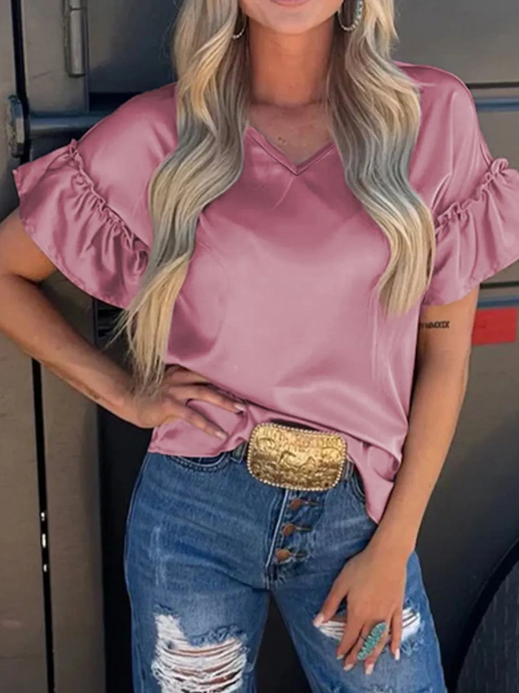 Toadstool Satin Ruffle Sleeve Top