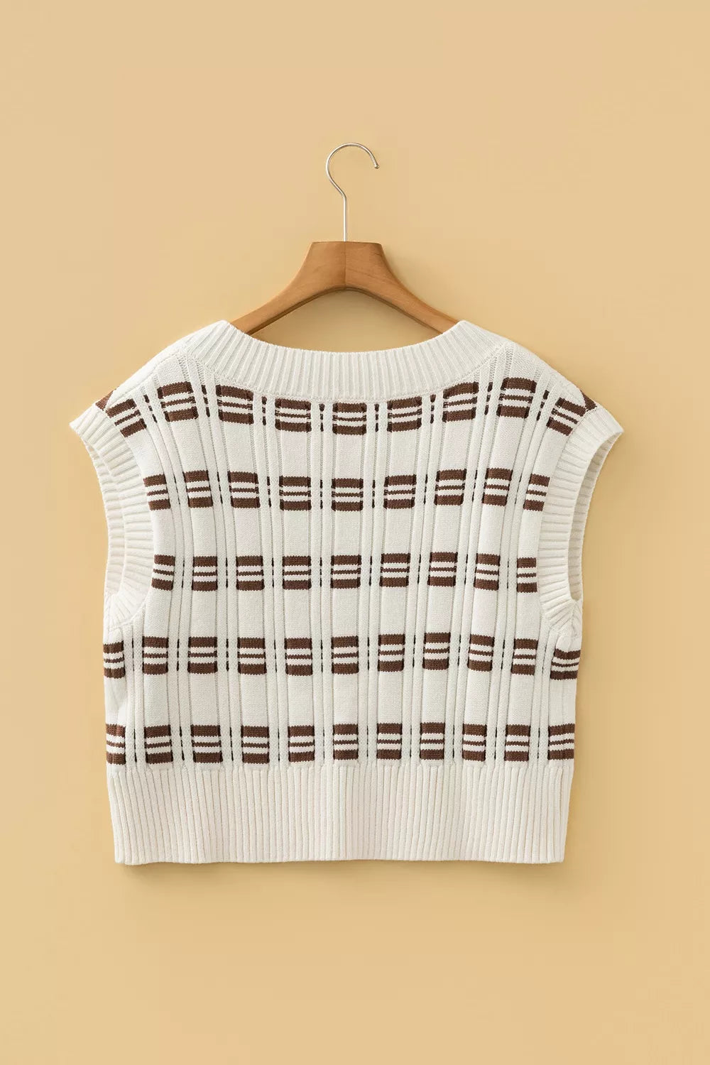 Contrast Geometric Textured Knit V Neck Cropped Sweater Vest