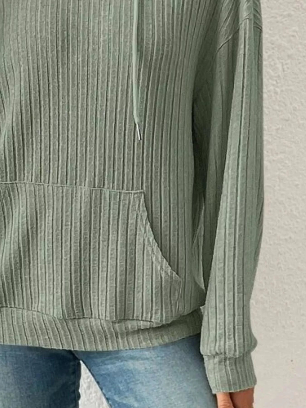 Ribbed Knit Long Sleeve Drawstring Hoodie