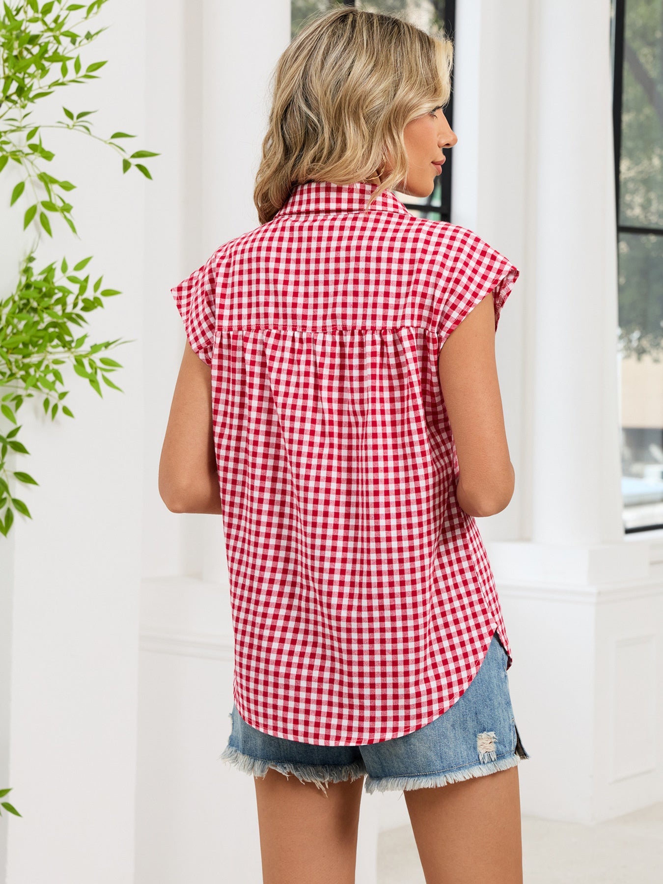 Plaid Button Up Cap Sleeve Shirt