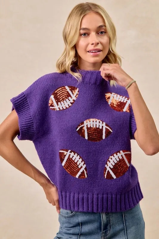 BiBi Gameday Sequin Football Patches Rib Banded Sweater