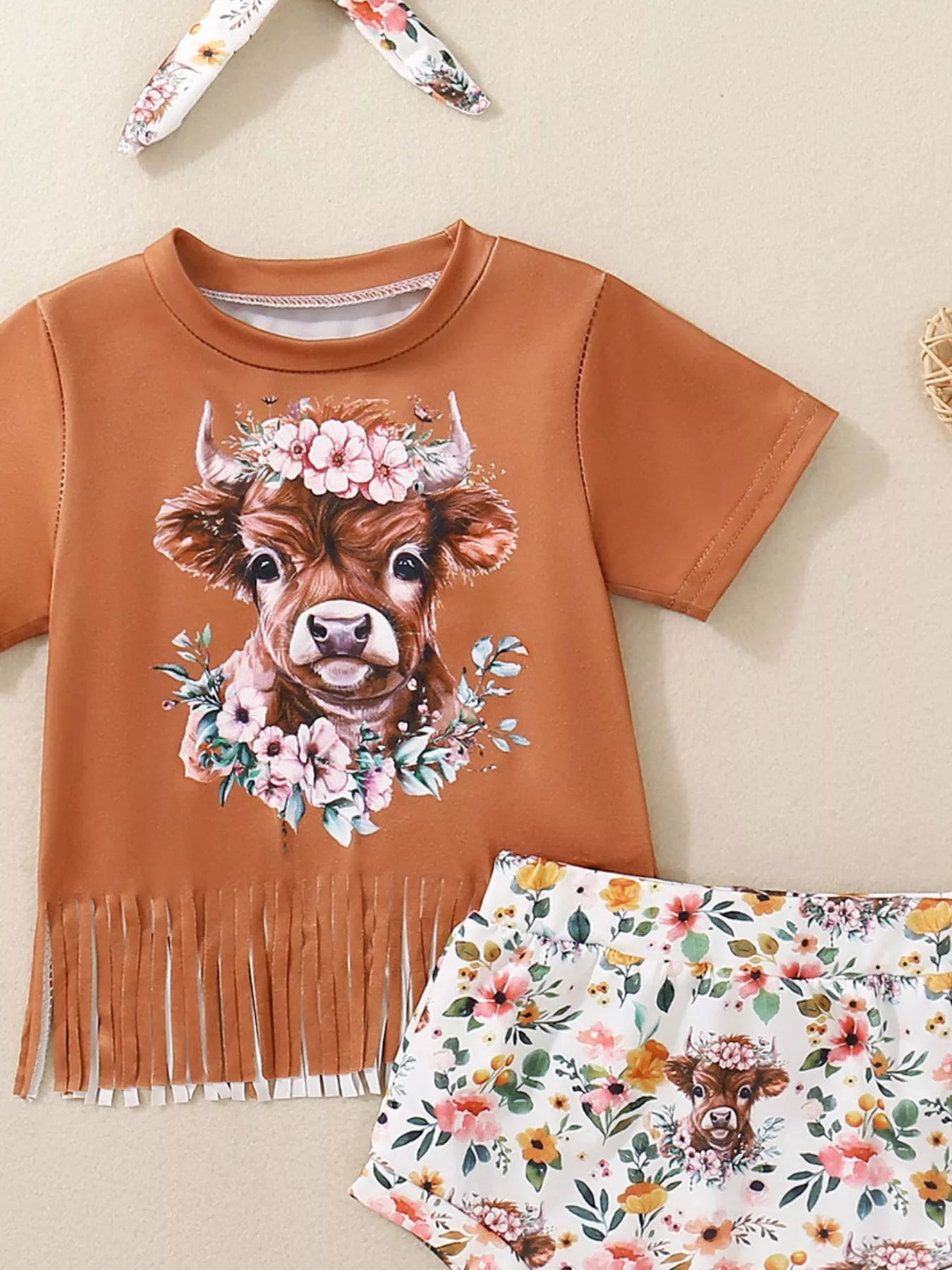 Children's Cow Floral Graphic Fringe Tee and Shorts Set with Headband