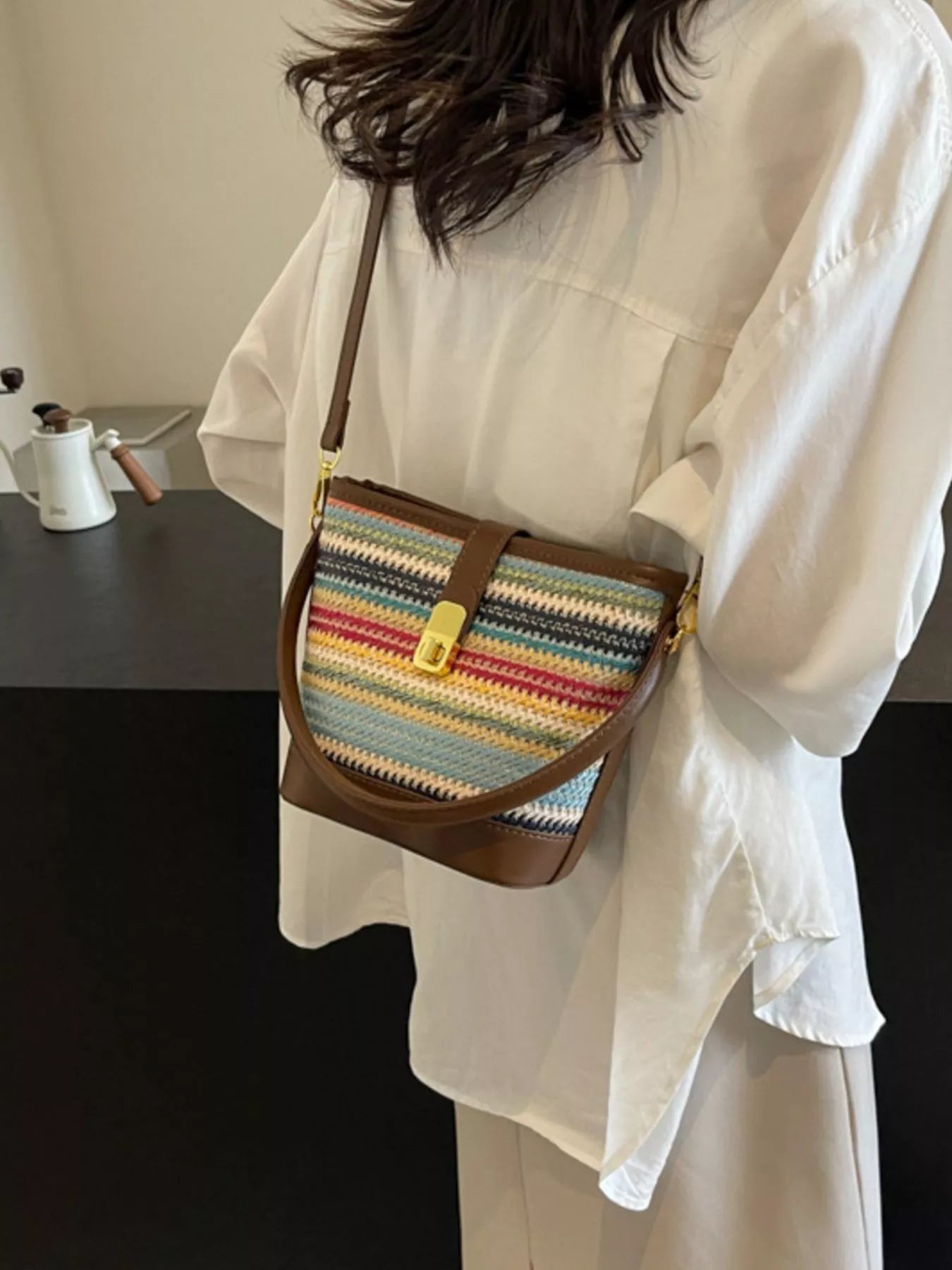 Striped Bucket Crossbody Bag