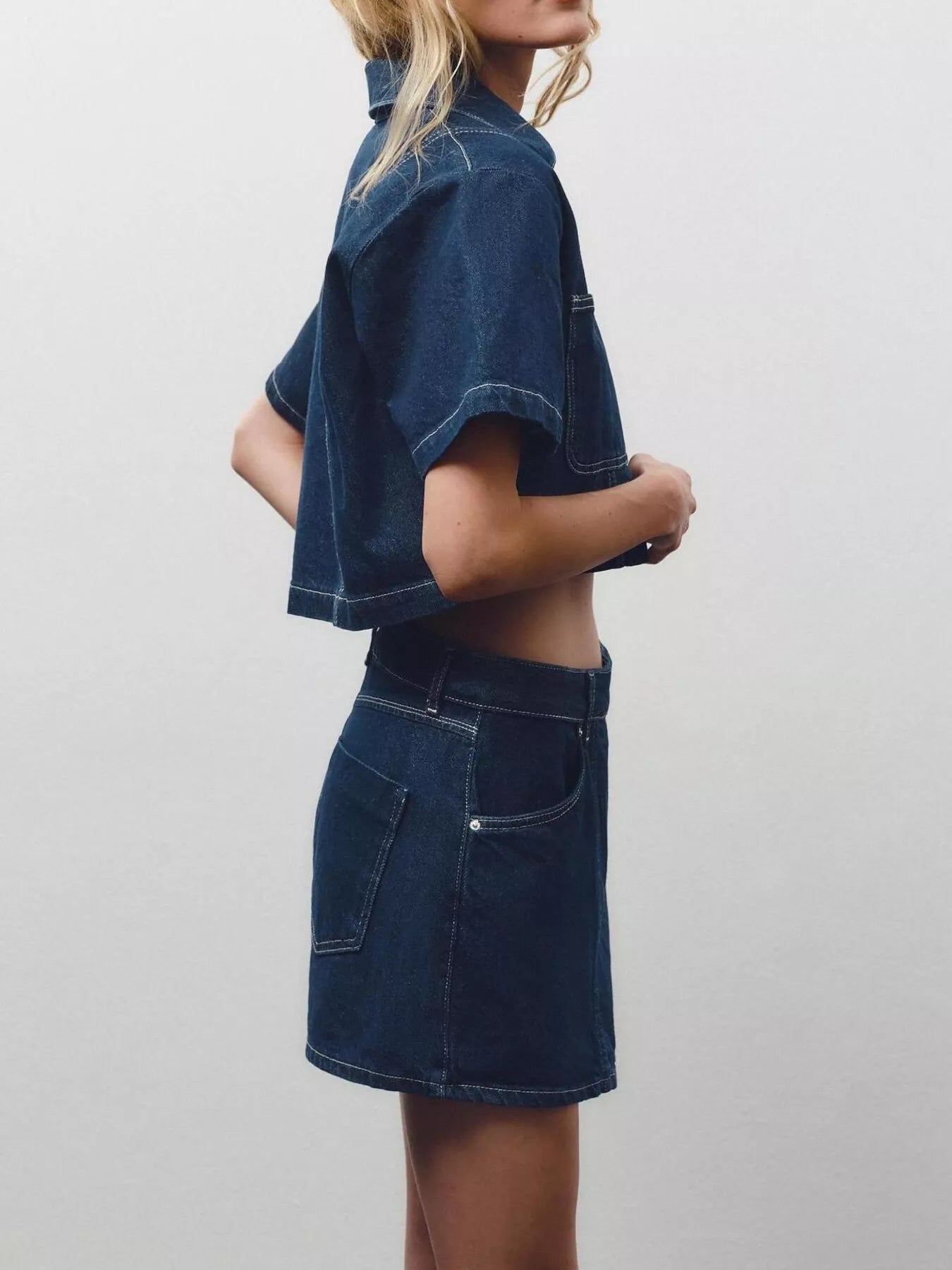 Button Up Short Sleeve Top and Skort Denim Set