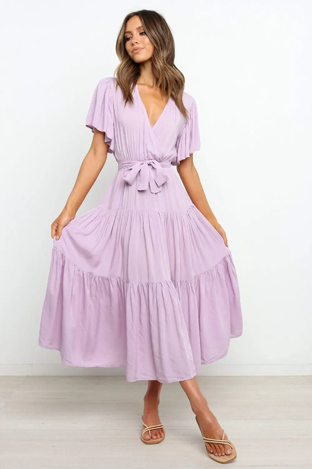 Tied Back Tiered Short Sleeve Midi Dress