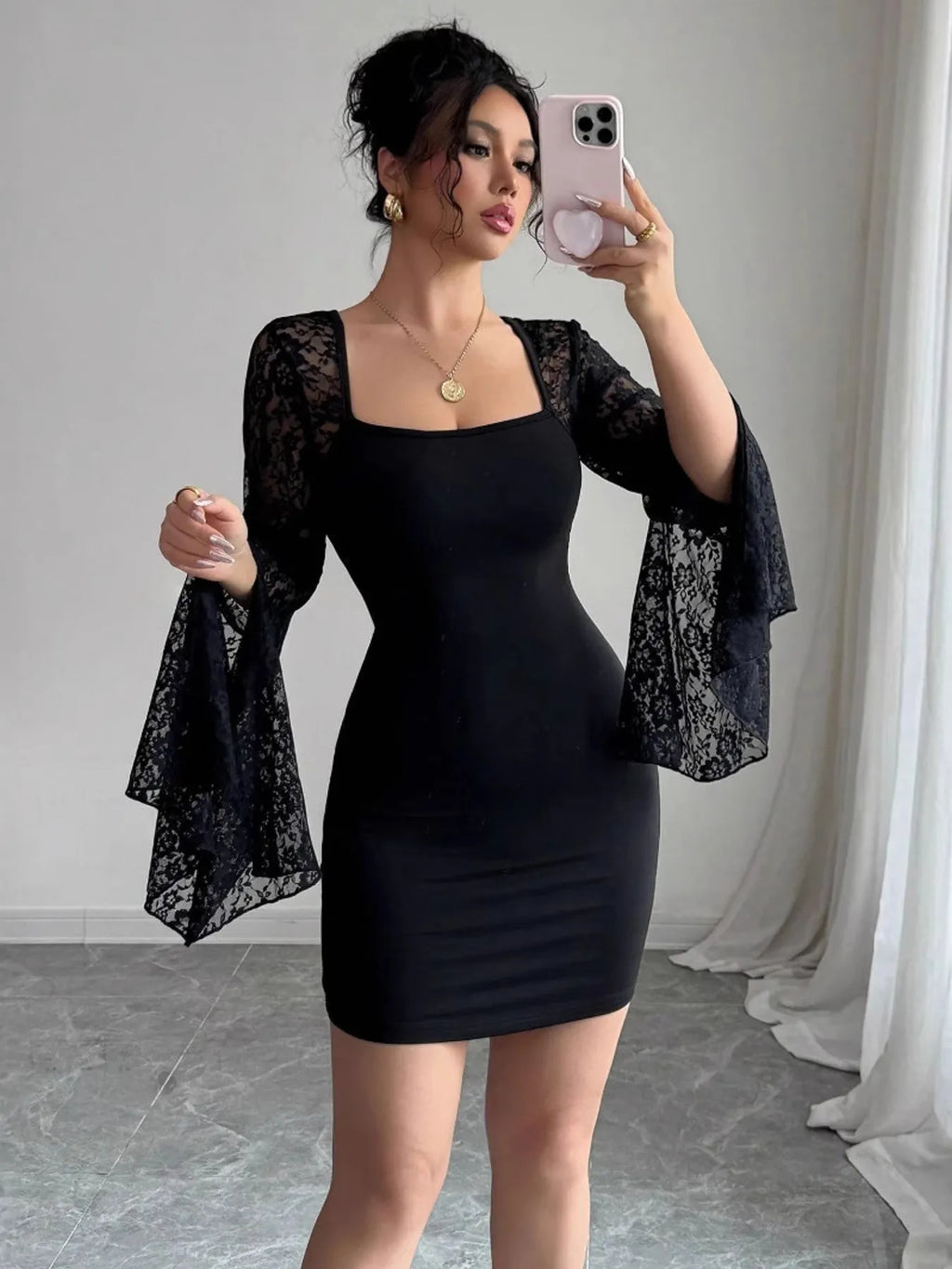 Square Neck Lace Bell Sleeve Bodycon Dress