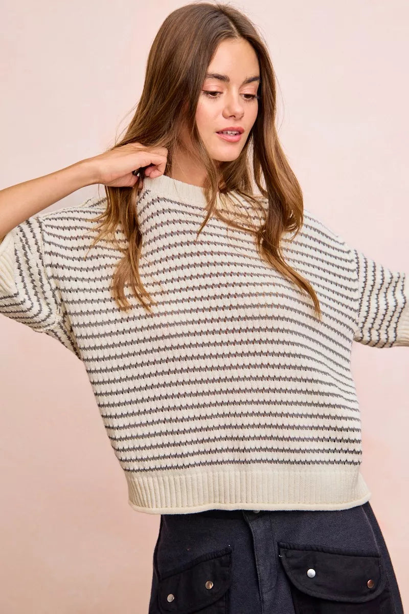 BiBi Stripes Short Sleeves Rib Banded Outseam Knit Top