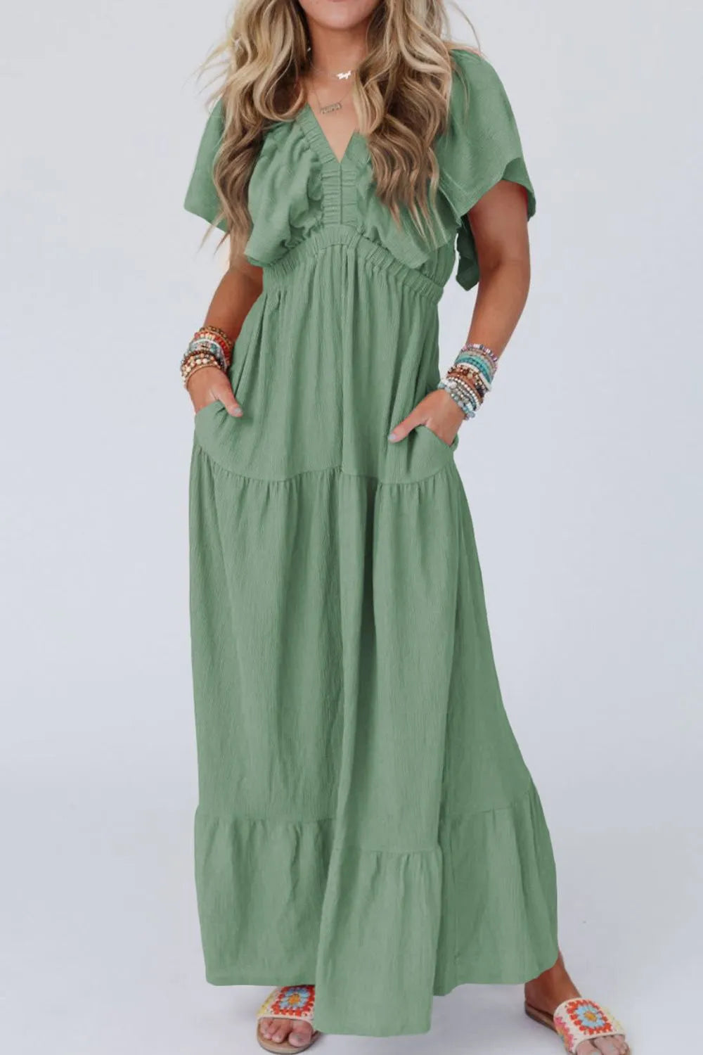 Ruffled V Neck Flutter Sleeve Maxi Dress