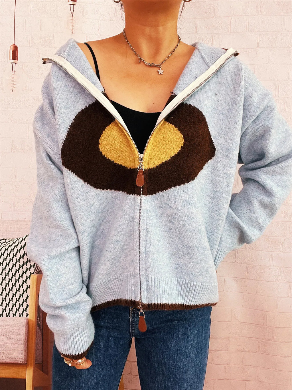 Zip-Up Contrast Trim Cardigan