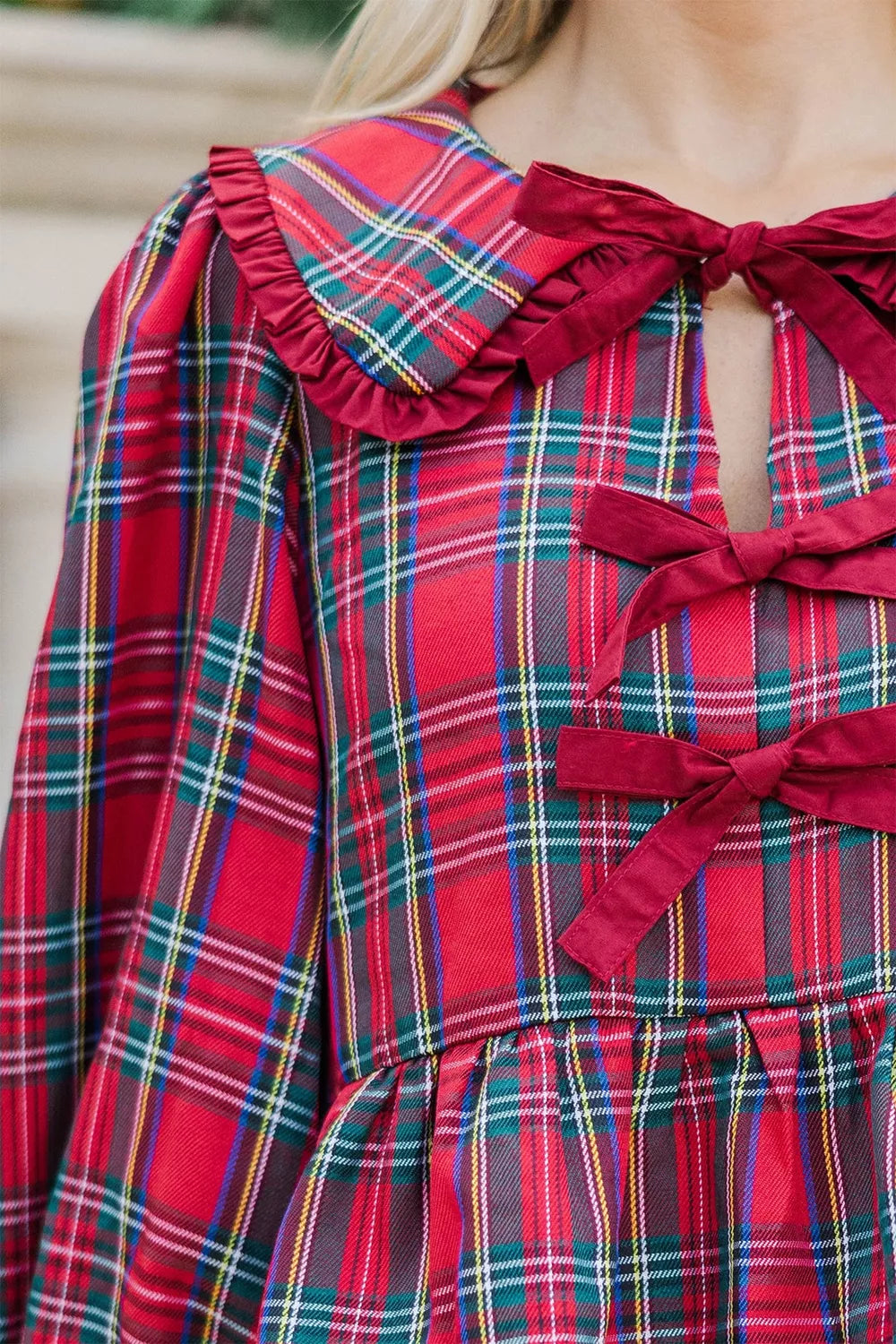 Plaid Tie Neck Ruffle Cuffs Long Sleeve Shift Blouse