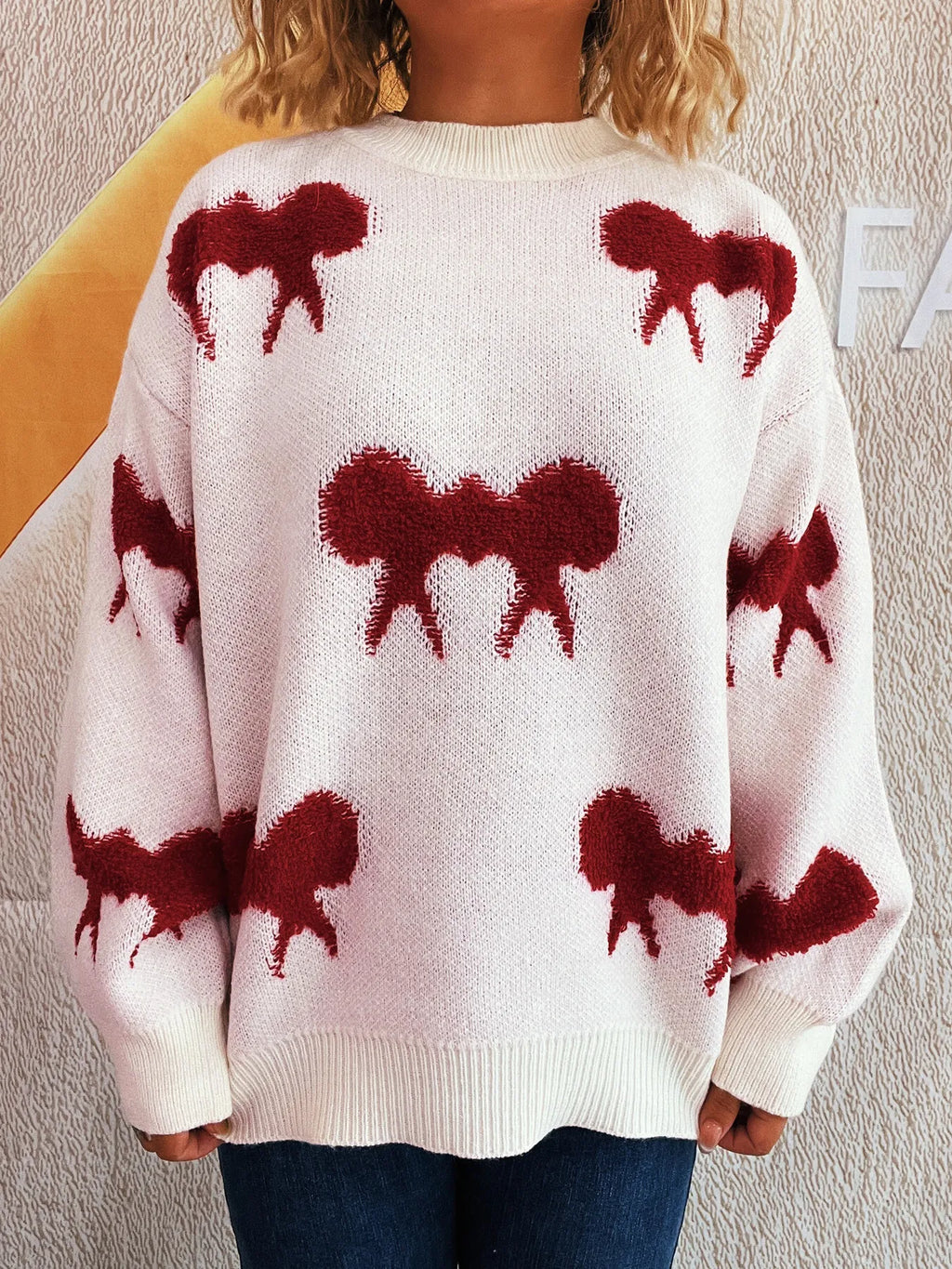 Bow Pattern Round Neck Sweater