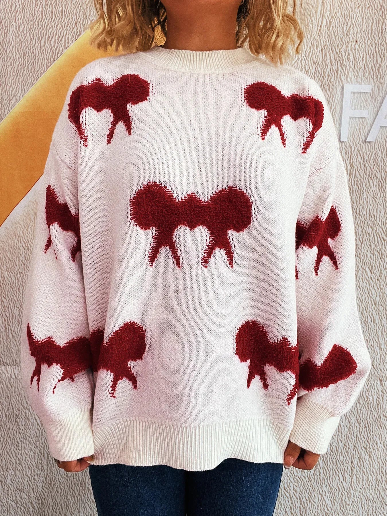 Bow Pattern Round Neck Sweater