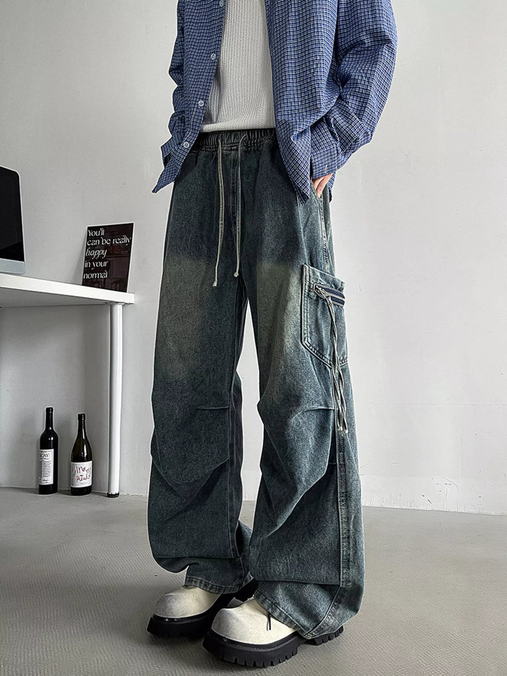 Men's Plus Size Loose Fit Cargo Jeans with Drawstring