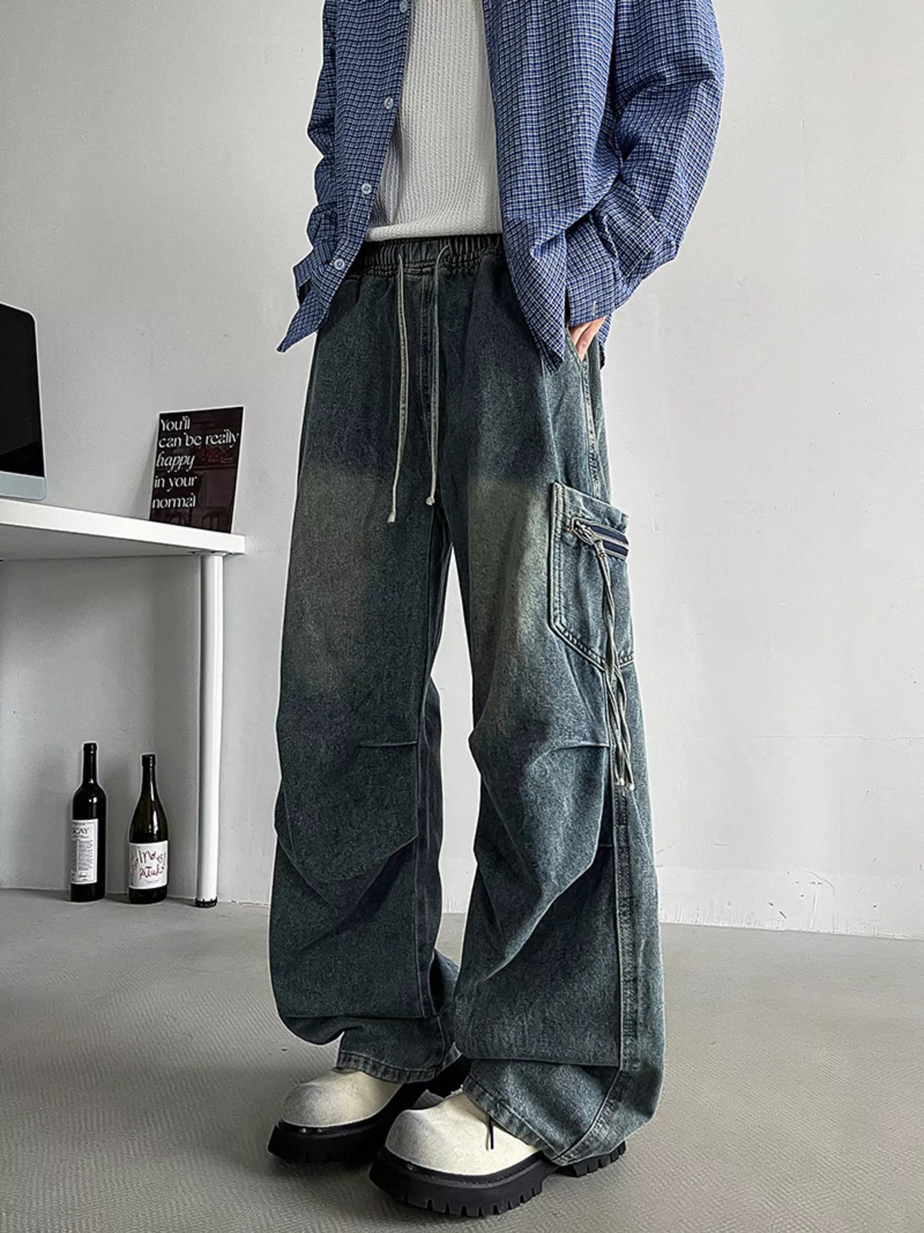 Men's Plus Size Loose Fit Cargo Jeans with Drawstring