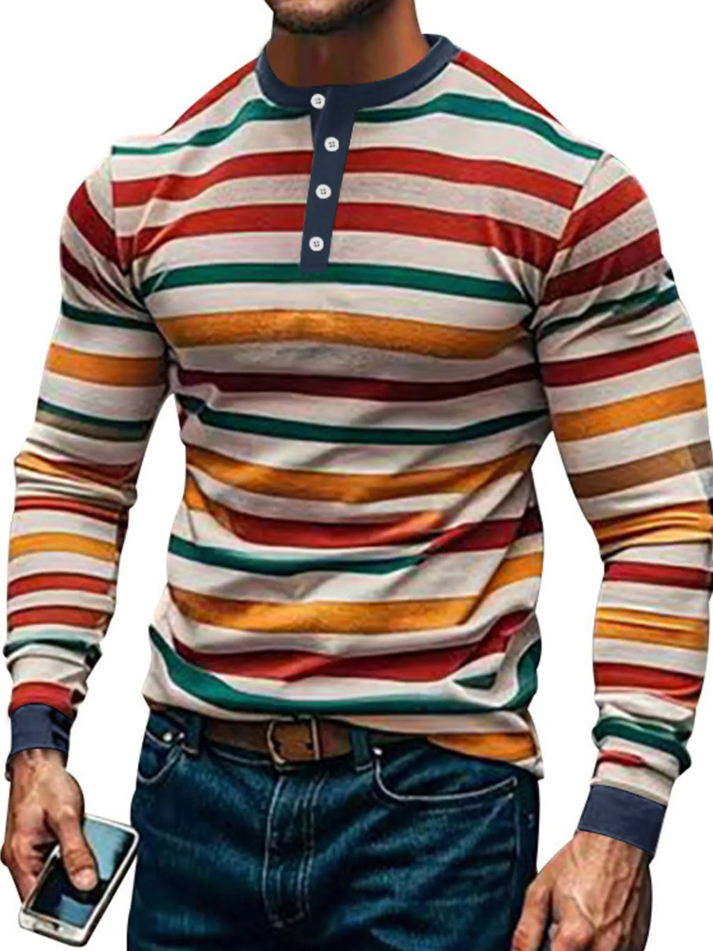 Men's Full Size Rainbow Striped Long Sleeve T-Shirt Plus Size