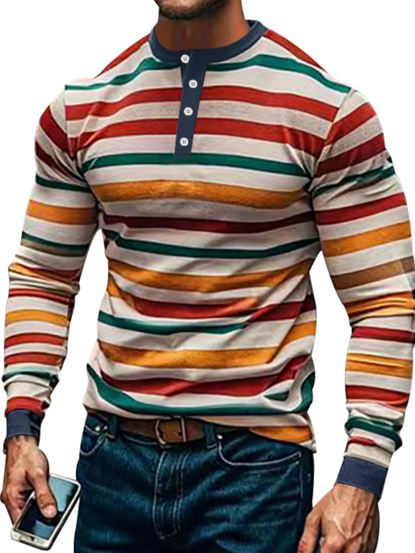 Men's Full Size Rainbow Striped Long Sleeve T-Shirt Plus Size
