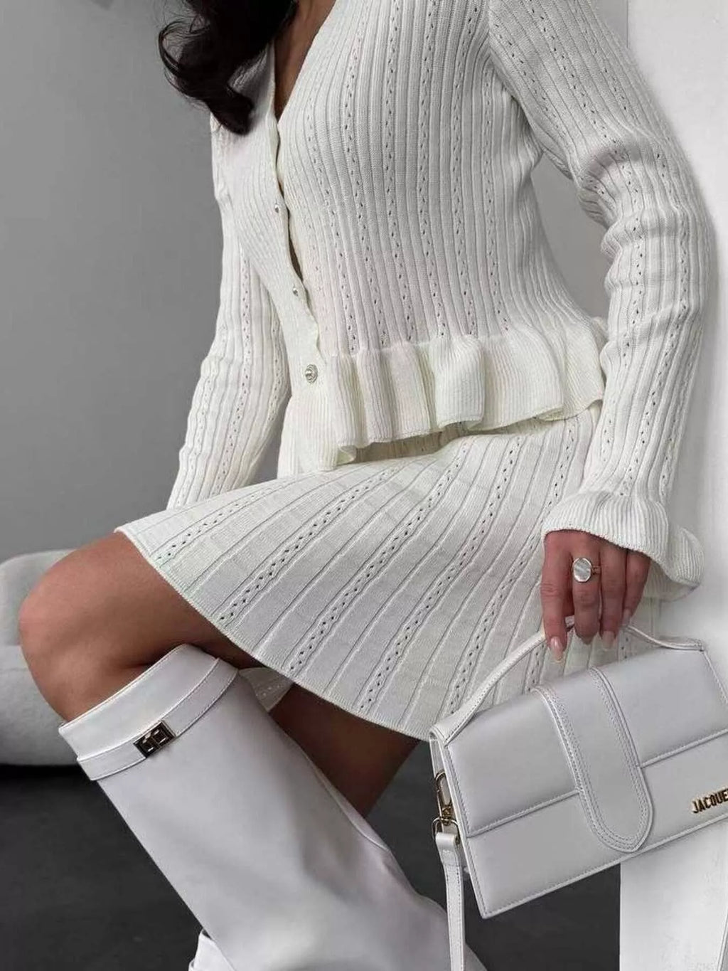 Ruffle Trim Knit Cardigan & Skirt Set
