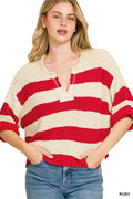 Zenana Split Neck Stripe Sweater