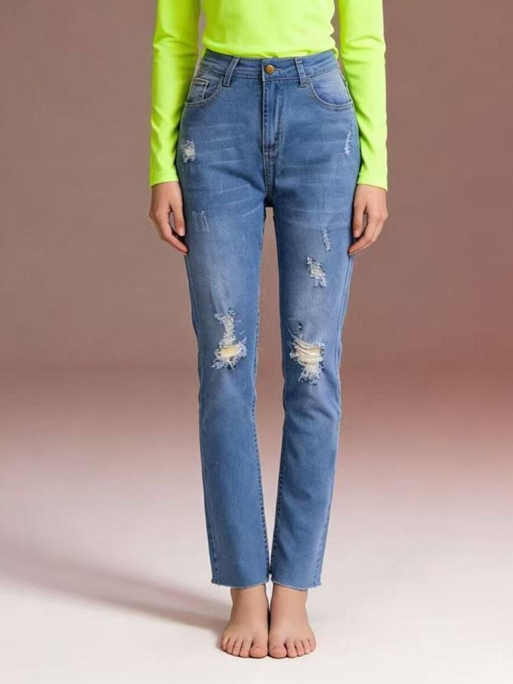 High-Waisted Distressed Jeans